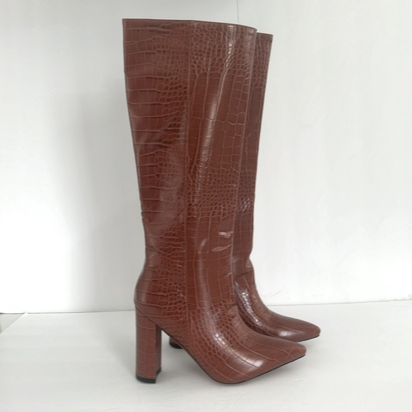 Women’s Croc Embossed Chunky Block Heel Brown Tall Boots Size 38 Fits Size 8 NEW - Picture 11 of 12
